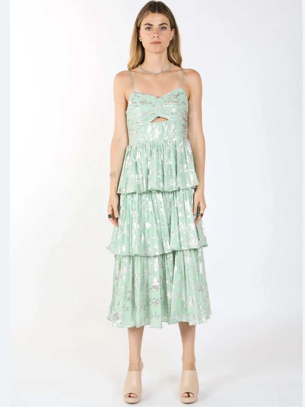 Beulah Metallic Spaghetti Strap Printed Tiered Midi Dress Mint Size Small